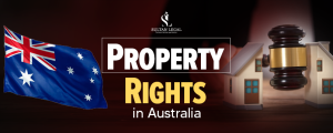 Property rights in Australia legal concept with Australian flag, court gavel and property law documentation imagery